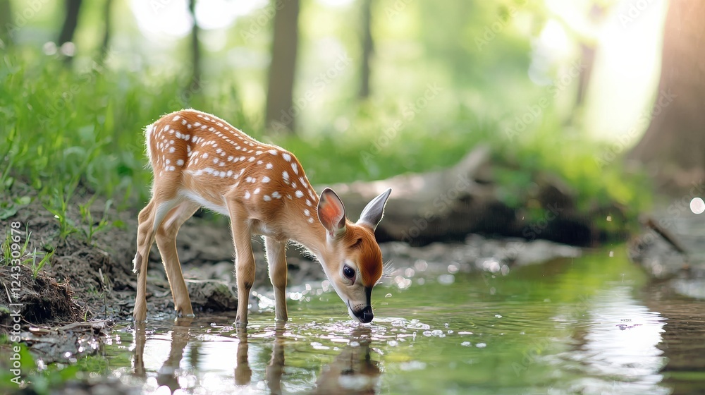 Baby deer drinking water in forest stream nature scene close-up Baby deer drinking water in forest stream nature scene close-up
