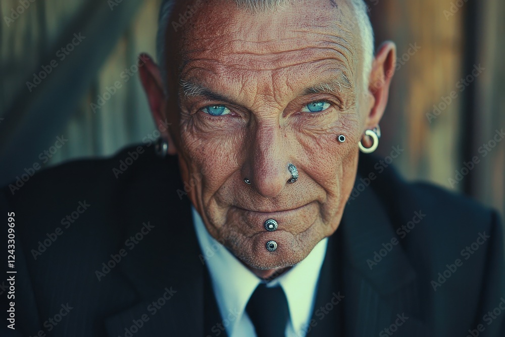 Old-School Piercing Enthusiast with Face Mods An elderly man with stretched earlobes, a septum ring Old-School Piercing Enthusiast with Face Mods An elderly man with stretched earlobes, a septum ring