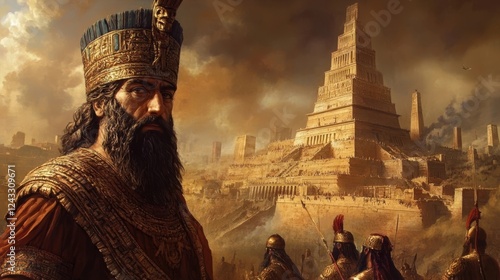 Historical ruler stands in front of ancient ziggurat with soldiers during sunset in a majestic landscape