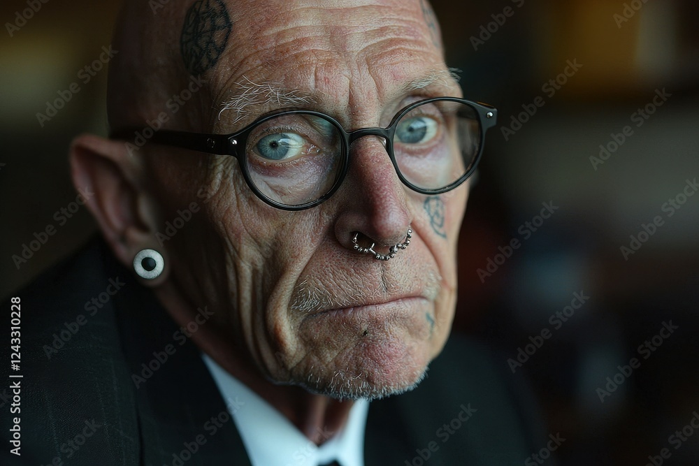 Old-School Piercing Enthusiast with Face Mods An elderly man with stretched earlobes, a septum ring Old-School Piercing Enthusiast with Face Mods An elderly man with stretched earlobes, a septum ring