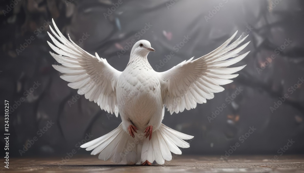 Fototapeta premium Symbolic white dove representing peace and love, concept of hope, symbol of love, flying symbol, spiritual bird
