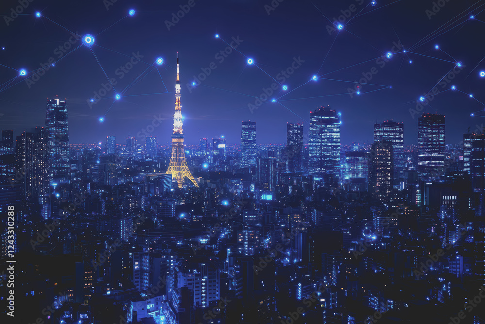 Fototapeta premium A modern city with a wireless network connection concept and cityscape. Technology concept.