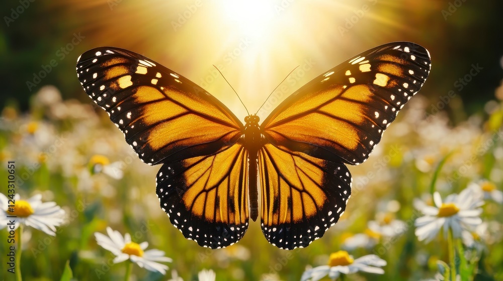 Fototapeta premium Golden Butterfly in Daisy Field Sunlight
