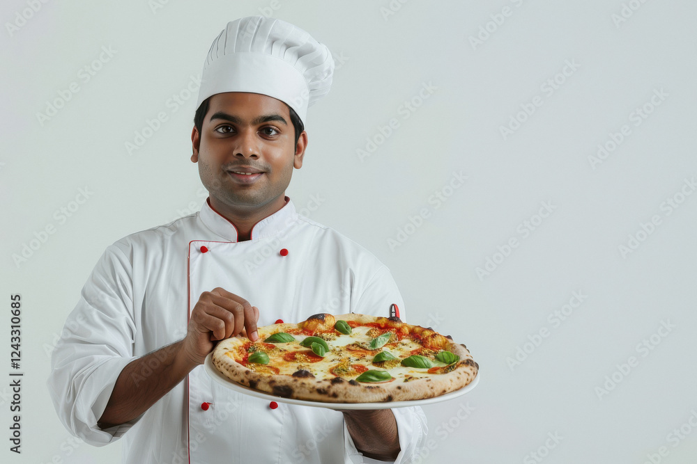 Indian male chef holding pizza on white background Indian male chef holding pizza on white background