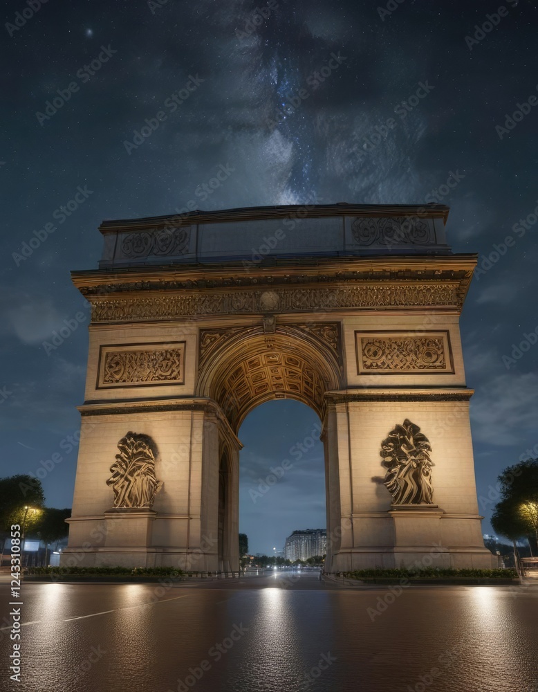The Arc de Triomphe under starry night sky with a few clouds, clouds, nighttime sky The Arc de Triomphe under starry night sky with a few clouds, clouds, nighttime sky
