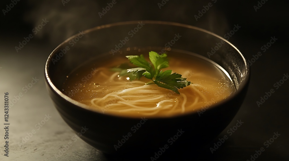 Steaming Bowl Of Noodle Soup With Parsley Garnish Steaming Bowl Of Noodle Soup With Parsley Garnish