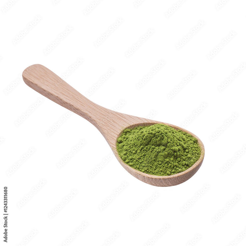 Green powder in wooden spoon, isolated on white background. Green powder in wooden spoon, isolated on white background.