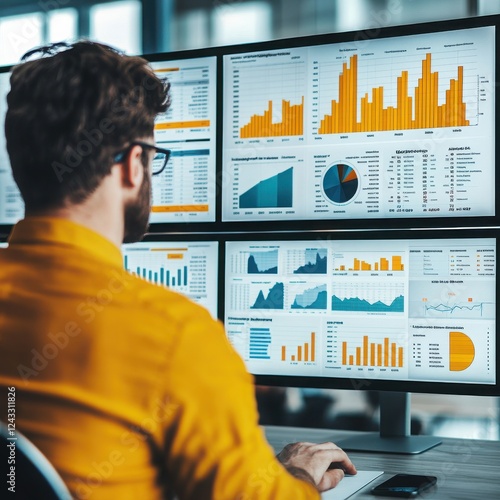 A focused individual analyzing data on multiple monitors in a modern office, showcasing advanced analytics and business strategies.