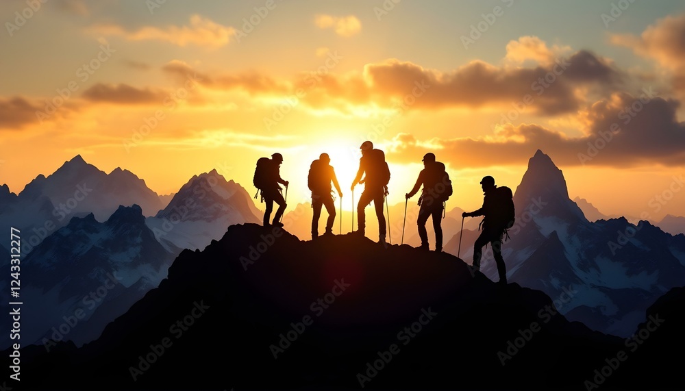 Naklejka premium Silhouette of climbers who climbed to the top of the mountain thanks to mutual assistance and teamwork