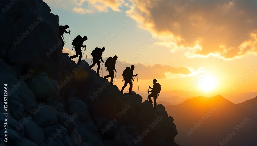 Fototapeta premium Silhouette of climbers who climbed to the top of the mountain thanks to mutual assistance and teamwork