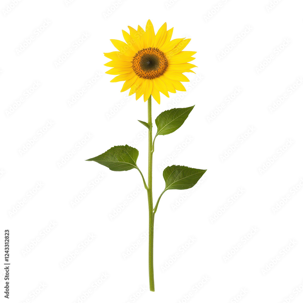 Fototapeta premium Isolated sunflower with green leaves on a white background.