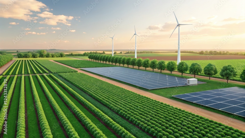 Obraz premium Vast agricultural landscape featuring wind turbines and solar panels.