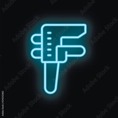 Blue neon sign shaped like a vernier caliper glowing on a black background