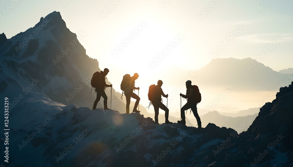 Silhouette of climbers who climbed to the top of the mountain thanks to mutual assistance and teamwork Silhouette of climbers who climbed to the top of the mountain thanks to mutual assistance and teamwork