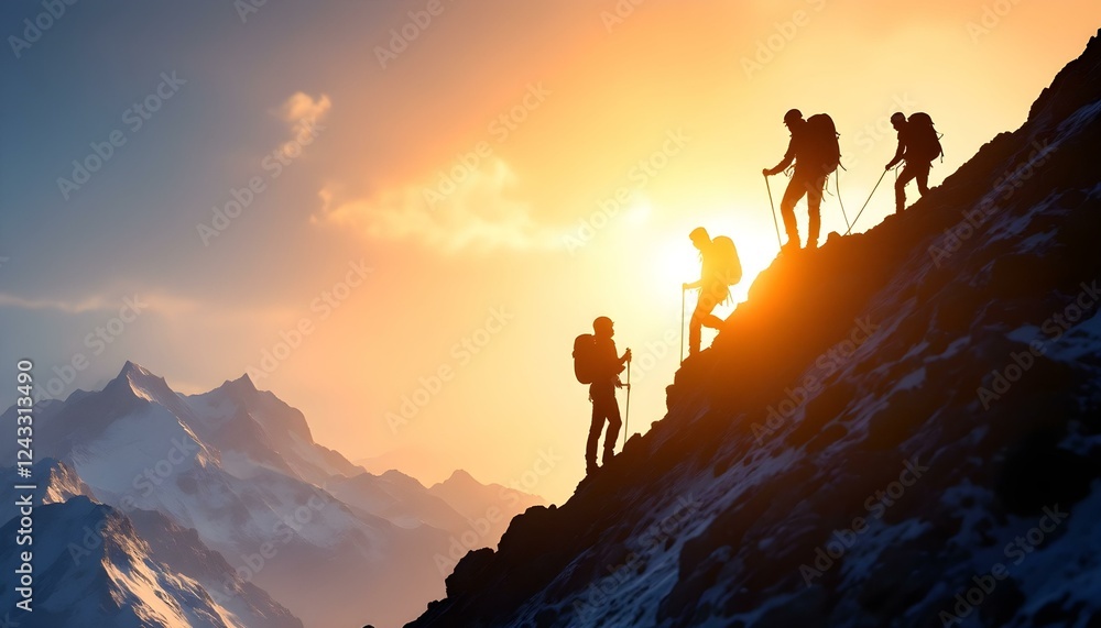 Fototapeta premium Silhouette of climbers who climbed to the top of the mountain thanks to mutual assistance and teamwork