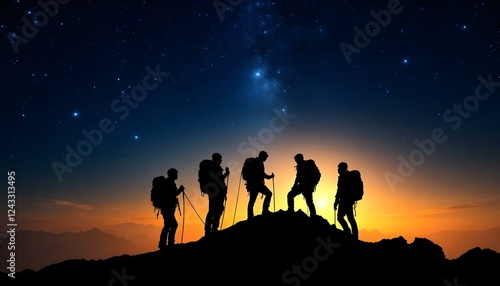 Silhouette of climbers who climbed to the top of the mountain thanks to mutual assistance and teamwork