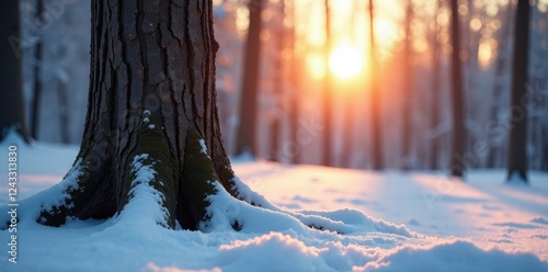 Tree's knotted trunk in snowy landscape with sun's reflection, tree trunks, trees, snowy