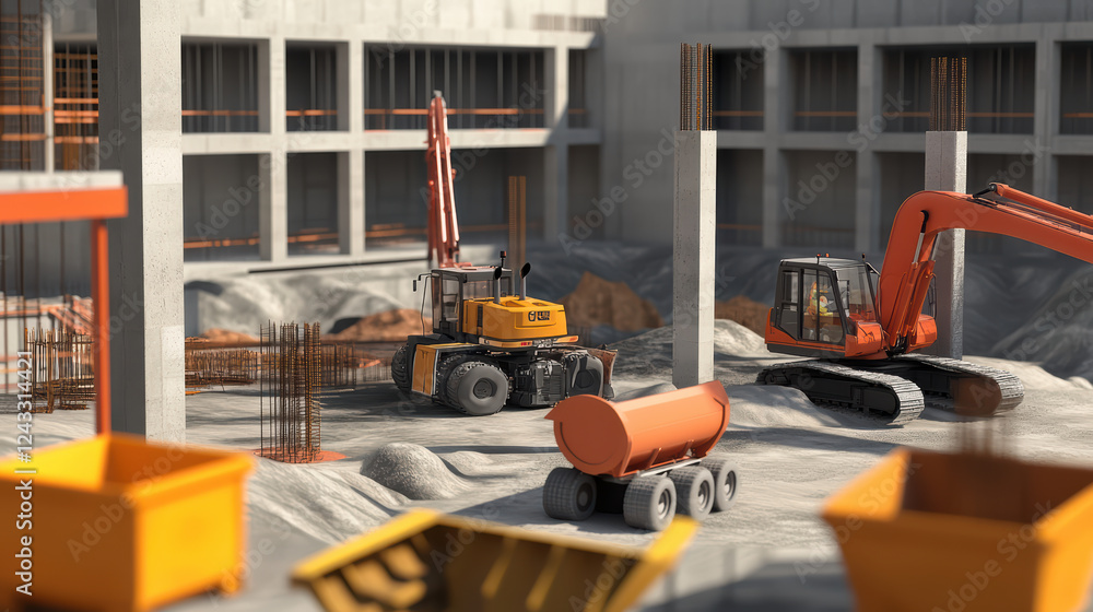 Construction site with diverse machinery, including excavators and trucks, showcasing ample space for ongoing work and development Construction site with diverse machinery, including excavators and trucks, showcasing ample space for ongoing work and development