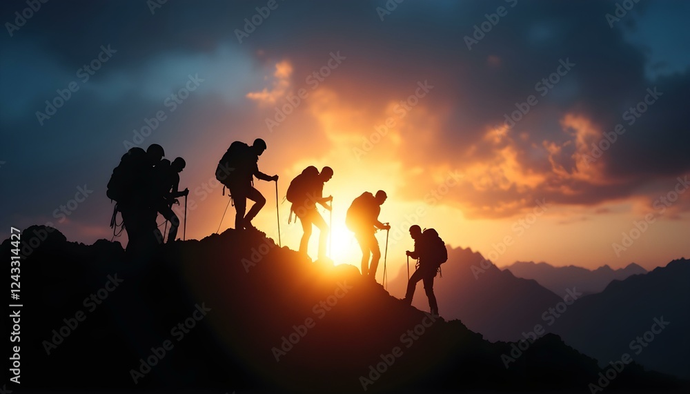 Fototapeta premium Silhouette of climbers who climbed to the top of the mountain thanks to mutual assistance and teamwork