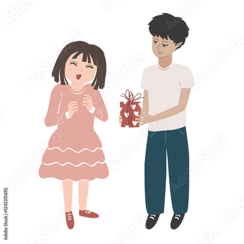 Cute shy boy giving gift to a little pretty girl. Isolated vector illustration.