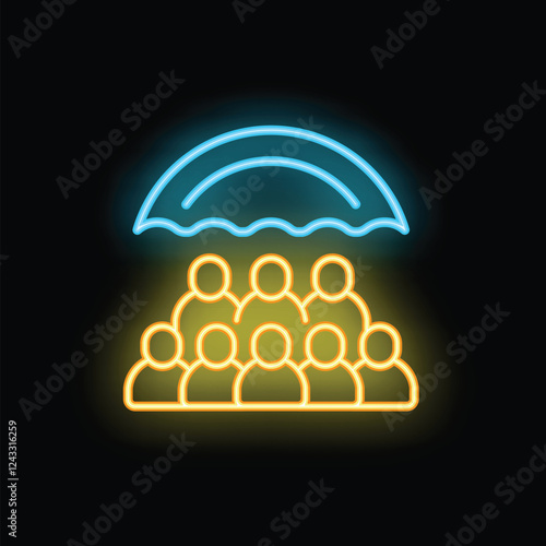 Glowing neon icon depicting an umbrella shielding a group of people, symbolizing insurance coverage and protection