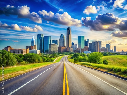 Dallas Street Scene: Empty Road with City Skyline, Copy Space