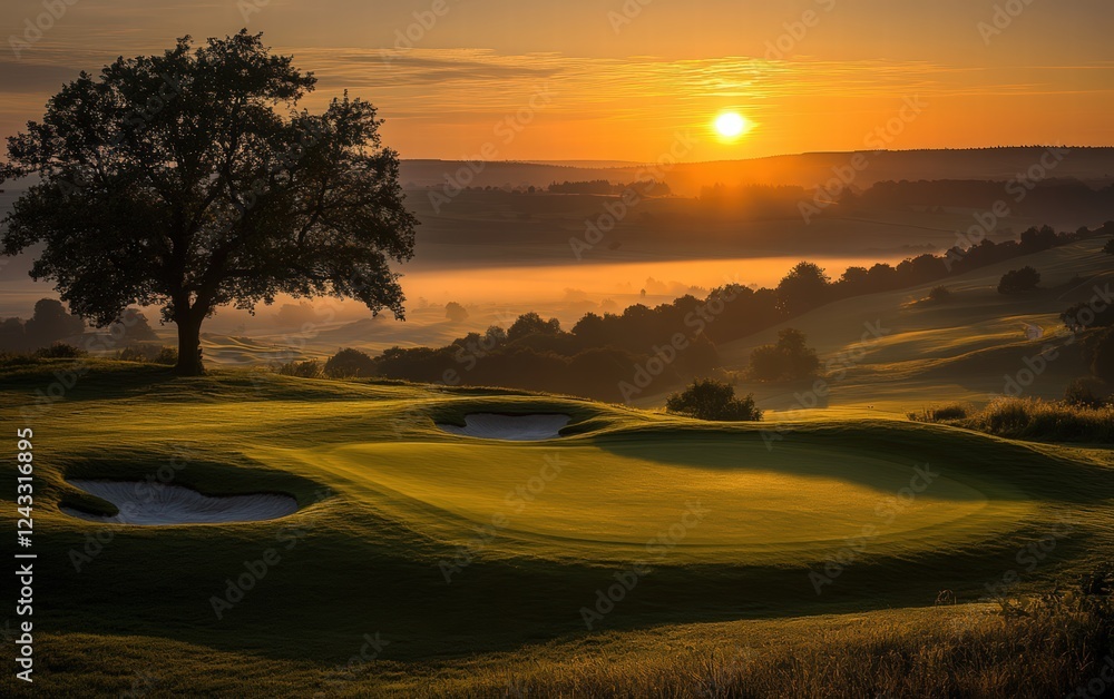 Fototapeta premium Golden Sunrise Bathes Serene Golf Course in Warmth, Mist-Shrouded Valley Beckons.