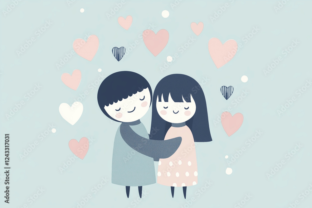 Happy children hugging with hearts in a light blue background Happy children hugging with hearts in a light blue background