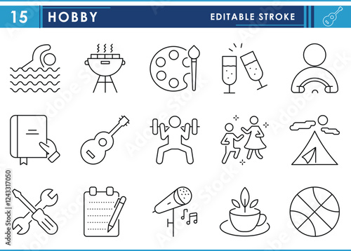 A set of line icons related to Hobby. Leasure, work, swim, book, music, dance, camping, cooking, repair, paint, and so on. Vector editable stroke.