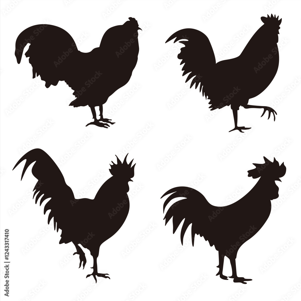 Fototapeta premium Collection of vector silhouettes of chickens isolated on white background. Collection of Different Rooster, Cock Poses. Perfect symbol for your web site design, logo, app, UI. Vector illustration, EPS