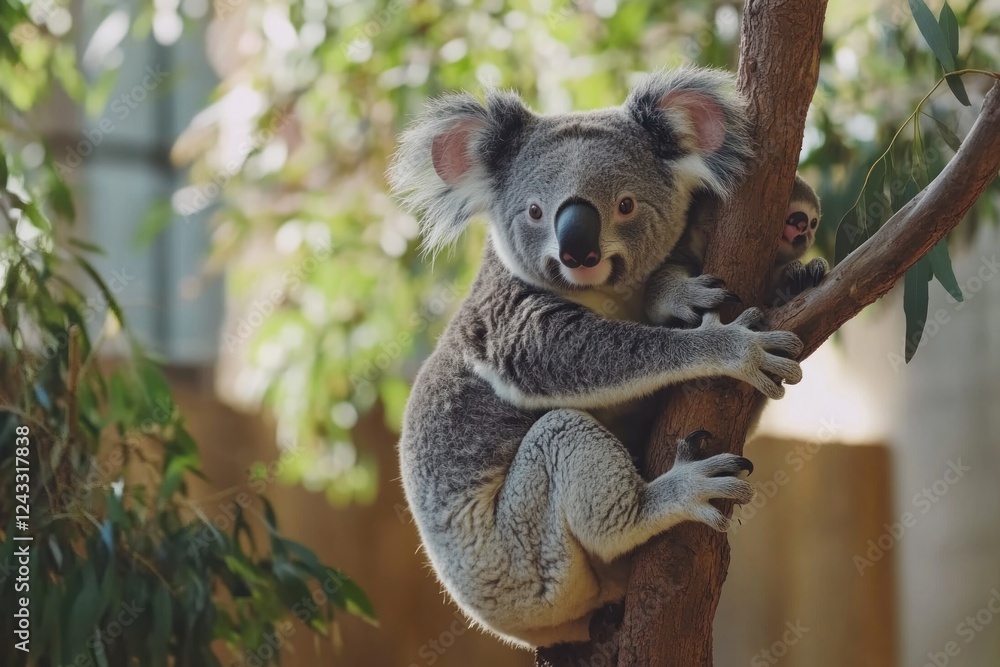 Fototapeta premium Adorable koala clinging to eucalyptus tree.