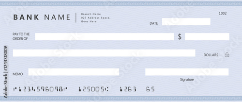 Bank check, vector blank money cheque, checkbook template with guilloche pattern and fields. Currency payment coupon, money check background	