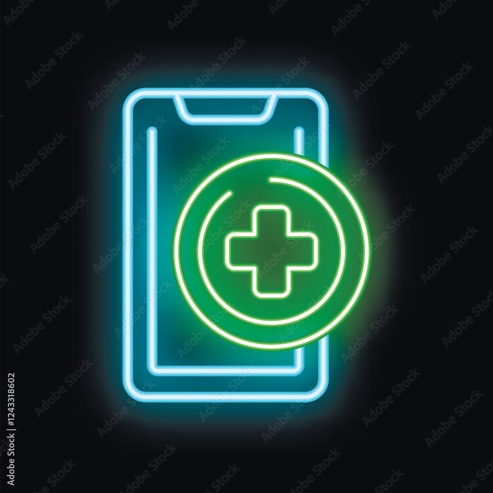 Neon green medical app icon glowing over smartphone screen on black background representing mobile healthcare and online medicine Neon green medical app icon glowing over smartphone screen on black background representing mobile healthcare and online medicine