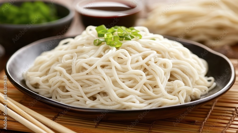 A plate of cold soba noodles with dipping sauce, placed next to chopsticks on a bamboo tray. A plate of cold soba noodles with dipping sauce, placed next to chopsticks on a bamboo tray.