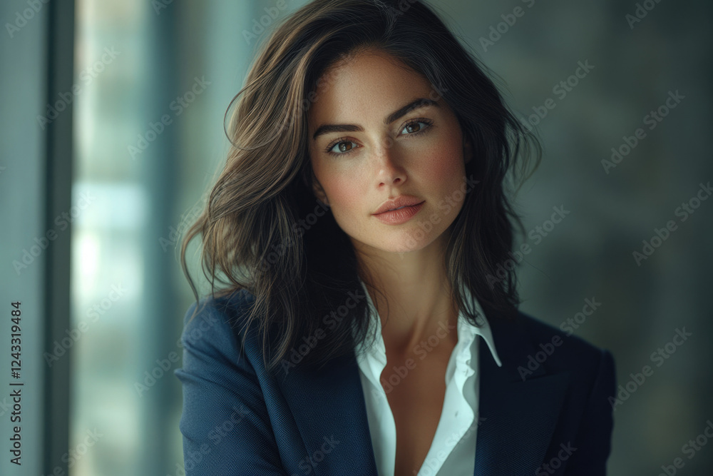 A young woman with brunette hair, wearing a navy blue blazer and white shirt, looks directly at the camera. A young woman with brunette hair, wearing a navy blue blazer and white shirt, looks directly at the camera.