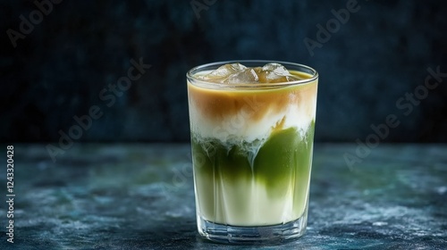 A refreshing iced matcha latte in a clear glass with layers of green and milk.