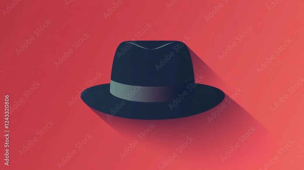 Stylish black hat displayed against a vibrant red background with subtle shadow Stylish black hat displayed against a vibrant red background with subtle shadow