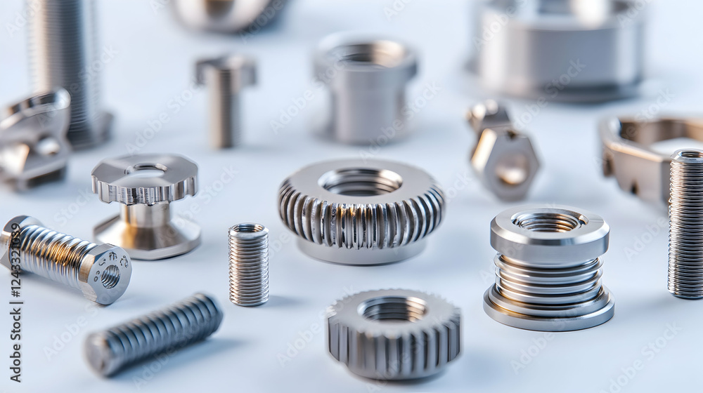 Close-up of various metal fasteners on a light background. Possible use for industrial catalog or technical document Close-up of various metal fasteners on a light background. Possible use for industrial catalog or technical document