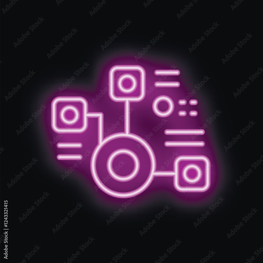 Neon purple algorithm icon glowing on a black background, representing the concept of data processing