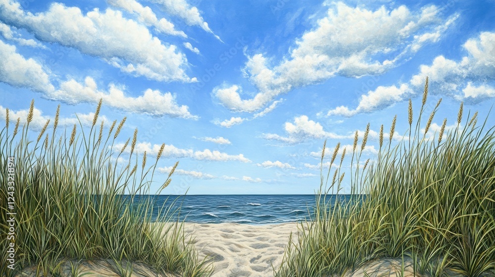 A serene coastal dune ecosystem with tall grasses waving in the breeze. A serene coastal dune ecosystem with tall grasses waving in the breeze.