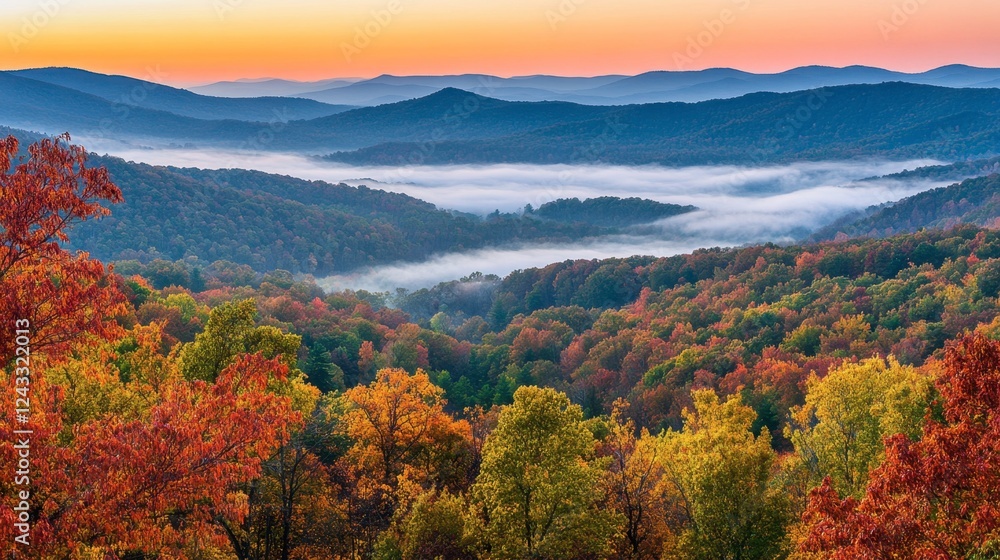 A serene morning mist covering a valley with distant mountains and a rising sun. A serene morning mist covering a valley with distant mountains and a rising sun.