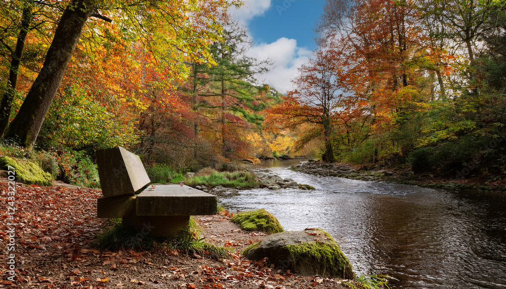 Obraz premium A concrete bench overlooks a peaceful river surrounded by trees displaying vibrant autumn foliage in orange and green hues.