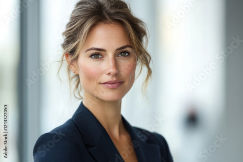 Free Download Portrait of a confident young businesswoman with light brown hair styled in an updo, wearing a dark navy blazer. - GFXLoad