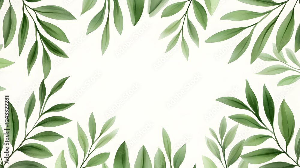 Decorative frame of green leaves on white background. Possible use for invitation, card, or social media post Decorative frame of green leaves on white background. Possible use for invitation, card, or social media post