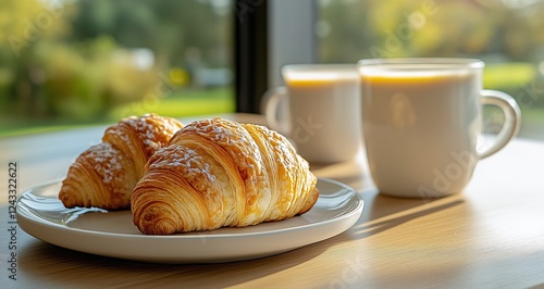 Enjoying fresh croissants and warm beverages in a sunlit cafe during a mornin...