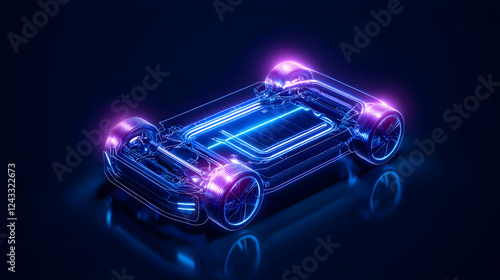 Electric Car Chassis Outline, Neon Glow,  3D Model, Dark Background.  Possible Use Stock photo for automotive design photo