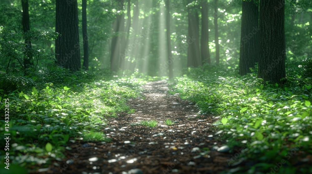 Obraz premium Sunlit forest path, green foliage, peaceful scene