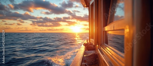Sunset view from a boat sailing over calm ocean waters