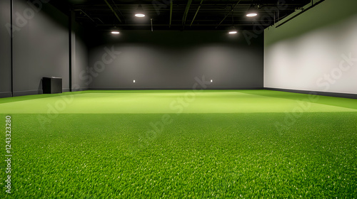 Empty indoor golf practice area with artificial turf