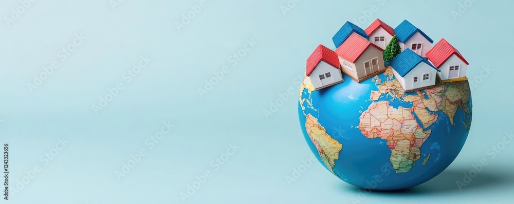 Naklejka premium A globe with miniature houses symbolizing global housing concepts and real estate, vivid colors against a soft, pastel background.